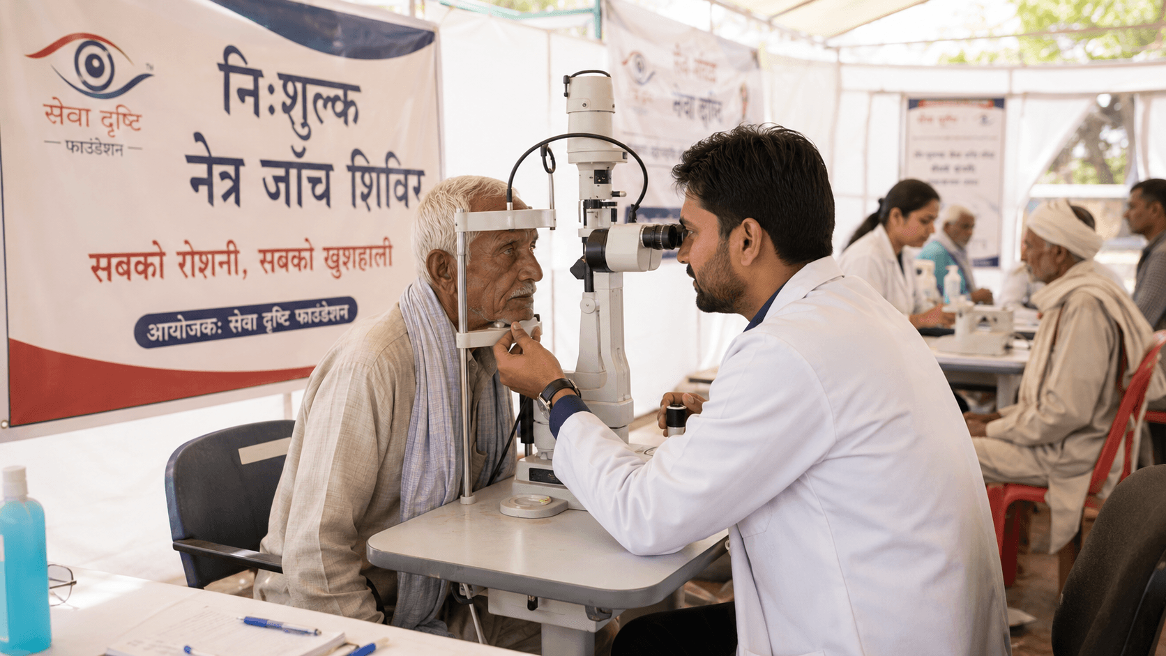 Doctor conducting free eye camp for patients in Kanpur