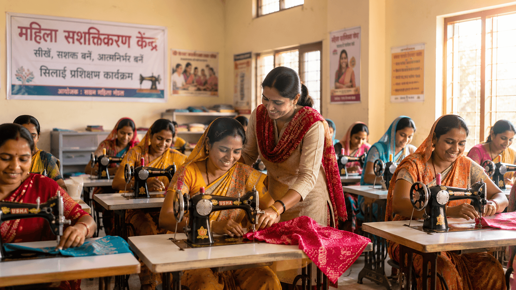 Women learning tailoring skills at Shri Balaji Seva Samiti training centre