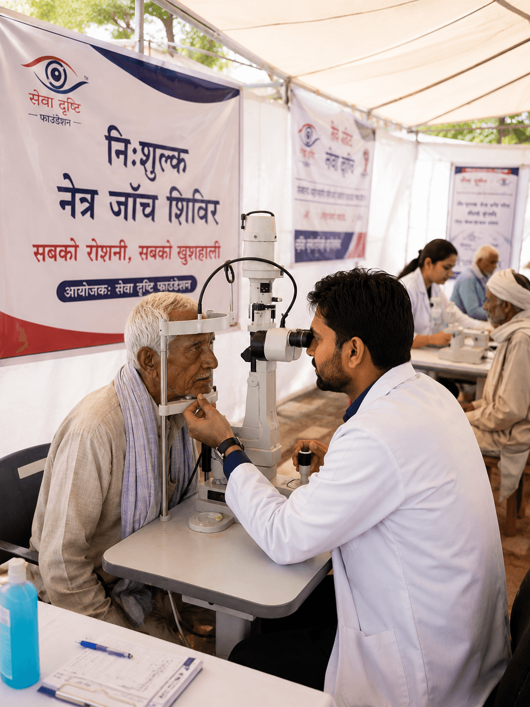 Doctor conducting free eye camp for patients in Kanpur